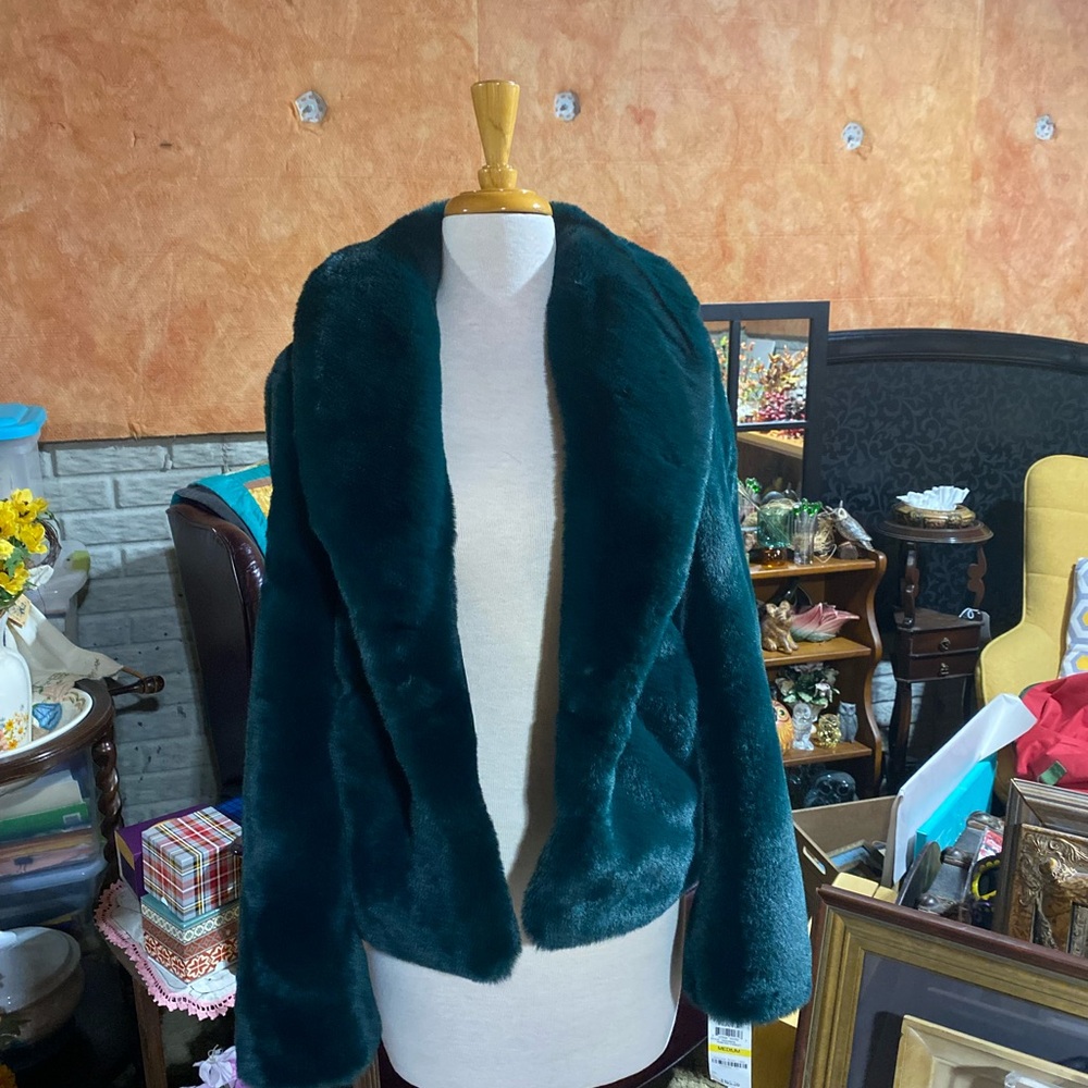 Women's INC INTERNATIONAL Teal Faux Fur Jacket NWT MEDIUM